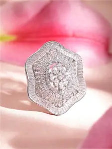 Rubans Rhodium-Plated Cubic Zirconia Floral Shaped Statement Adjustable ring