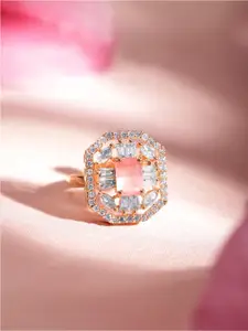 Rubans 18K Rose Gold-Plated Floral Motif American Diamond Studded Adjustable Finger Ring