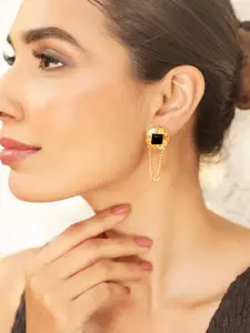 Rubans Voguish 18K Gold Plated Square Black Stone Studded Chain Earrings Stylish Jewelry