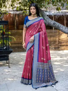 VISHNU WEAVES Woven Design Ethnic Motifs Zari Pure Silk Tussar Saree With Tassels