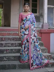 VISHNU WEAVES Floral Printed Zari Jamdani Saree With Tassels