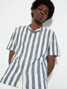 max URB_N Spread Collar Short Sleeves Striped Casual Cotton Shirt