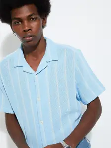 max URB_N Men Spread Collar Short Sleeves Striped Casual Cotton Shirt