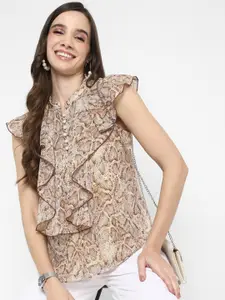 Taurus Animal Printed Mandarin Collar Flutter Sleeve Top