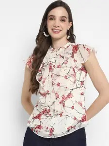 Taurus Floral Printed Mandarin Collar Flutter Sleeve Ruffled Georgette Top