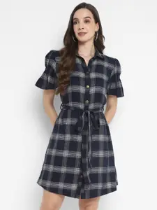 Taurus Checked Puff Sleeves Cotton Shirt Dress With Belt