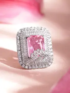 Rubans Rhodium-Plated Pink & White CZ Studded Adjustable Ring