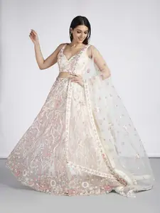 panchhi Embroidered Sequinned Net Semi-Stitched Lehenga & Unstitched Blouse With Dupatta