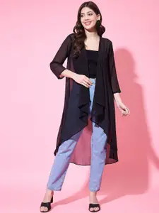 Fbella Three-Quarter Sleeves Longline Chiffon Open Front Shrug