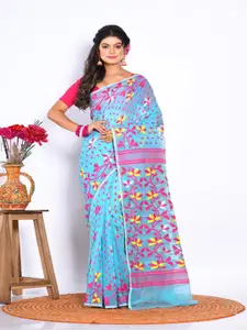 Morchari Blue & Pink Woven Design Pure Cotton Jamdani Saree