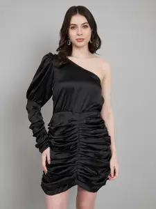 Amagyaa One Shoulder Puff Sleeve Gathered or Pleated Asymmetric Mini Sheath Party Dress