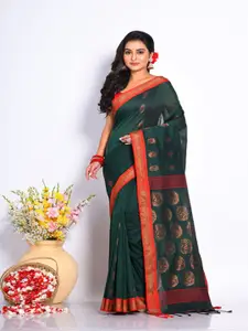 Morchari Green & Red Woven Design Zari Pure Cotton Saree