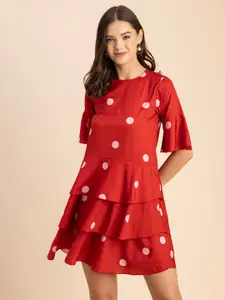 Moomaya Polka Dots Print Round Neck Fit & Flare Dress