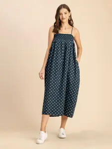 Moomaya Polka Dot Print Smocked Cotton Midi A-Line Dress