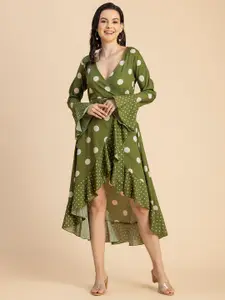 Moomaya Polka Dot Print Crepe Midi Wrap Dress