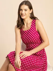 Moomaya Polka Dot Printed Square Neck Sleeveless Satin Fit & Flare Midi Dress