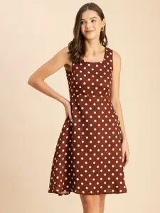 Moomaya Polka Dot Printed Sleeveless Satin Fit And Flare  Dress