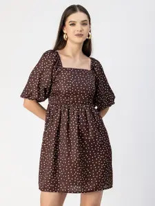 Moomaya Square Neck Polka Dot Printed Satin Fit & Flare Dress
