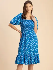 Moomaya Polka Dot Printed Square Neck Cotton Fit & Flare Dress