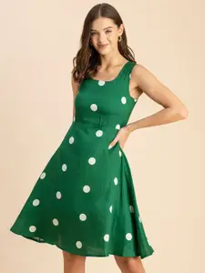 Moomaya Square Neck Polka Dot Printed Satin Fit & Flare Dress