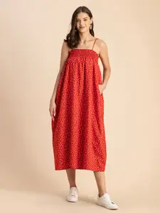 Moomaya Polka Dots Print Smocked Cotton Midi A-Line Dress