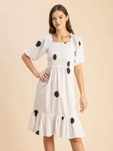 Moomaya Polka Dots Printed Square Neck Short Sleeves Fit & Flare Dress