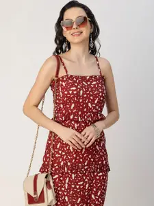 Moomaya Maroon Abstract Printed Shoulder Straps Midi Dress