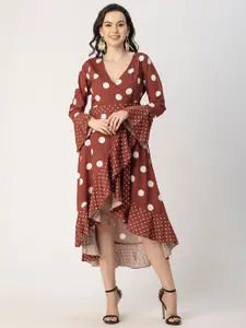 Moomaya Polka Dot Printed V Neck Wrap Midi Dress
