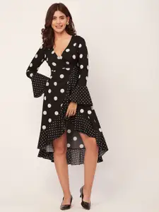 Moomaya Polka Dot Printed Long Flared Sleeves Wrap Dress