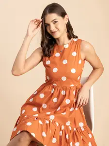 Moomaya Round Neck Polka Dot Printed Fit & Flare Midi Dress