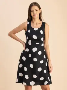 Moomaya Polka Dot Print Satin Fit & Flare Dress