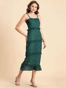 Moomaya Shoulder Straps Polka Dot Printed Bodycon Midi Dress