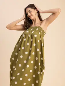 Moomaya Polka Dot Printed Shoulder Straps A-Line Midi Dress