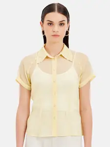 Kazo Spread Collar Short Extended Sleeves Sheer Standard Opaque Party Shirt