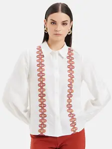 Kazo Spread Collar Sophia Embroidered Long Balloon Sleeves Standard Opaque Casual Shirt