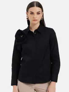 Kazo Women Spread Collar Long Sleeves Ruffled 3D Flower Standard Opaque Formal Shirt