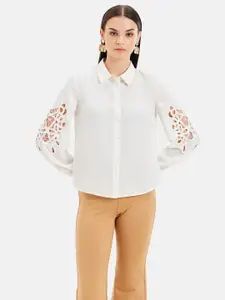 Kazo Spread Collar Long Charlie Lace Patch Sleeves Standard Cotton Opaque Formal Shirt