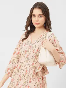 Moomaya Floral Printed V-Neck Short Three-Quarter Sleeves A-Line Midi Dress