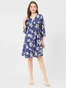 Moomaya Floral Print Flared Sleeve Wrap Dress