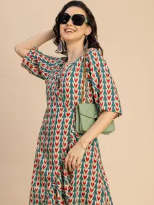 Moomaya Printed V-Neck Short Sleeves A-Line Maxi Dress