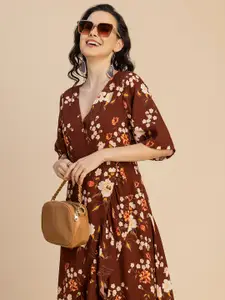 Moomaya V-Neck Floral Printed High-Low Midi Wrap Dress