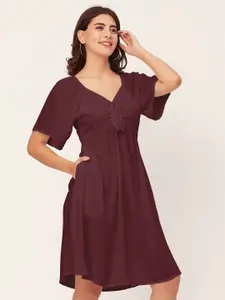 Moomaya Burgundy V-Neck Short Sleeves Fit & Flare Dress
