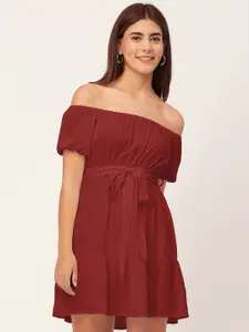 Moomaya Off-Shoulder Fit & Flare Dress Comes With a Belt