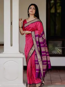 DIVASTRI Rose & Purple Woven Design Zari Pure Silk Kanjeevaram Saree