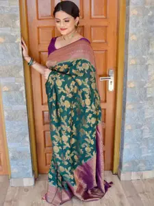 DIVASTRI Green & Purple Woven Design Zari Pure Silk Kanjeevaram Saree