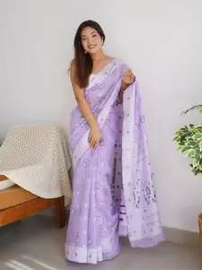 DIVASTRI Lavender & Silver-Toned Woven Design Zari Pure Silk Kanjeevaram Saree