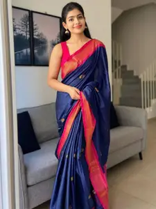 DIVASTRI Blue & Pink Woven Design Zari Pure Silk Kanjeevaram Saree