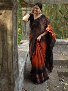 DIVASTRI Orange & Green Woven Design Zari Pure Silk Kanjeevaram Saree