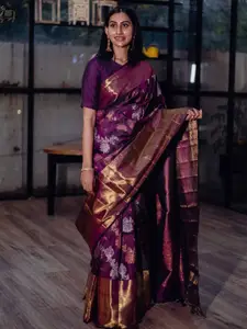 DIVASTRI Purple & Gold-Toned Woven Design Zari Pure Silk Kanjeevaram Saree