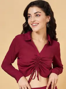 People Red Shirt Collar Ruched Crop Shirt Style Top